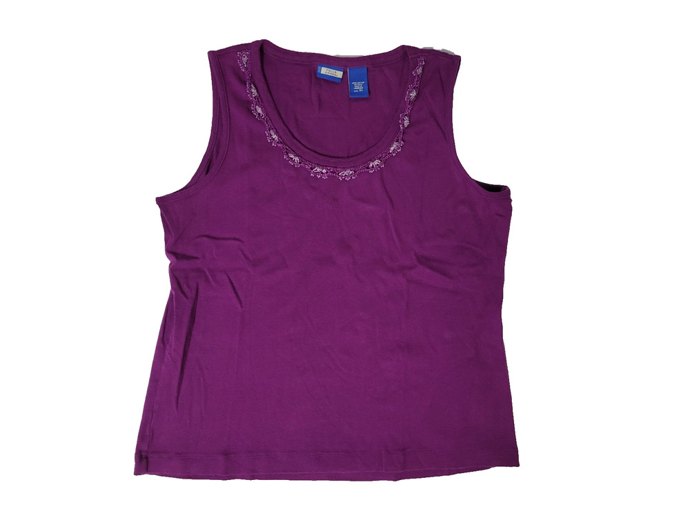 Falls Creek Womens XL Purple Beaded Sequin Scoop Neck Cotton Sleeveless Tank Top